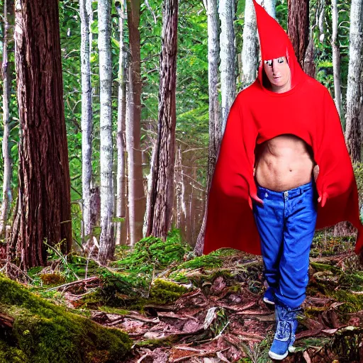 Prompt: uhd candid photo of cosmic beavis as cornholio in the forest, uhd, photorealistic, correct face, photo by annie leibowitz