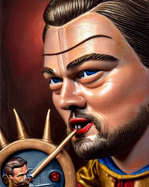 Image similar to highly detailed closeup, face profile portrait of a tin toy leonardo dicaprio as a medieval demon with horns eating cakes in a castle, hyper realistic, artstation, illustration, nicoletta ceccoli, mark ryden, lostfish, dan decarlo, bob clampett, max fleischer, digital paint, matte paint, vivid colors, detailed and intricate environment