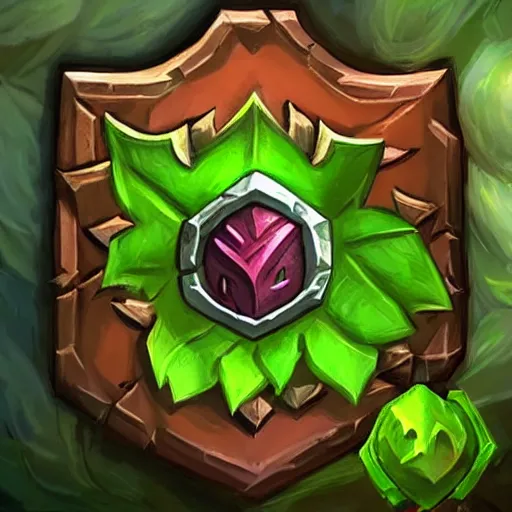 Image similar to green leaves shield weapon, tree roots on the shield weapon, shield made of leaves, epic fantasy style, hearthstone style, weapon art