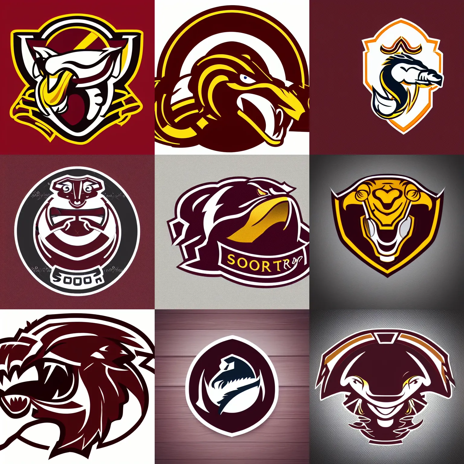 Prompt: Logo for a sports team with a cobra head mascot looking right, maroon and white, vector logo, sticker, no text