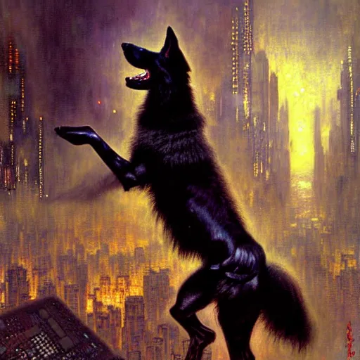 Image similar to portrait black german shepard dogman humanoid bipedal canine neuromancer. spaceship futuristic city. shadowrun cyberpunk fantasy d & d painting by gaston bussiere craig mullins jc leyendecker gustav klimt artgerm greg rutkowski john berkey, bergey, craig mullins, ruan jia, raymond swanland, tom lovell