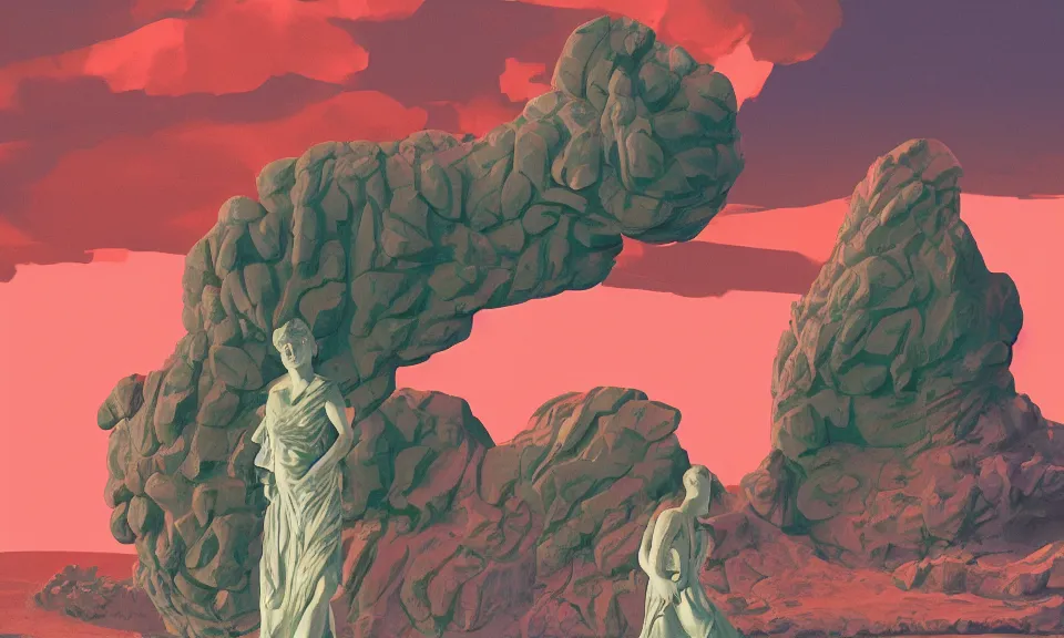 Prompt: digital painting of people walking at the base of a massive greek sculpture a beautiful massive female statue surrounded by massive dreamy coral, sunset cacti in the desert, by syd mead and jack kirby, color scheme, kirby crackle, arik roper, concept art