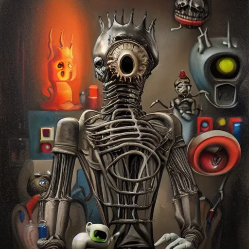Image similar to beautiful painting of the king of forgotten toys with a creepy smile, surrounded by nightmarish broken toys in the style of Welder Wings and H. R. Giger. Dark background, detailed, trending on Artstation