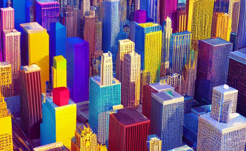 Image similar to chicago skyline but all buildings are made of colorful jello by anthony danielle and ray canlas jr, smooth surfaces, photorealistic, tilt shift, unreal engine render, octane render, 8 k