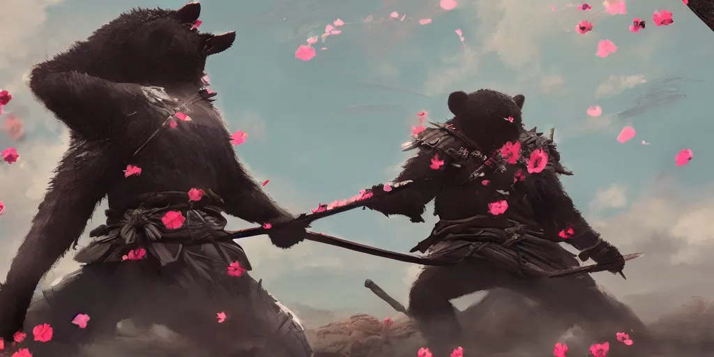 Prompt: an environmental concept art of samurai anthropomorohic black bear, samurai duel, sakura petals blowing in the wind, highly detailed, environmental light, epic, 8 k, artstation, deviantart, award winning, cinematic by francis tneh