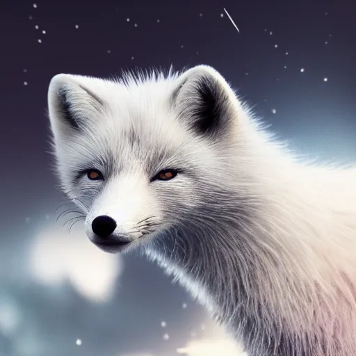 Prompt: arctic fox, detailed eyes, glowing, Milky Way background, octane, cinematic, hyper realism, high detail, octane, 8k