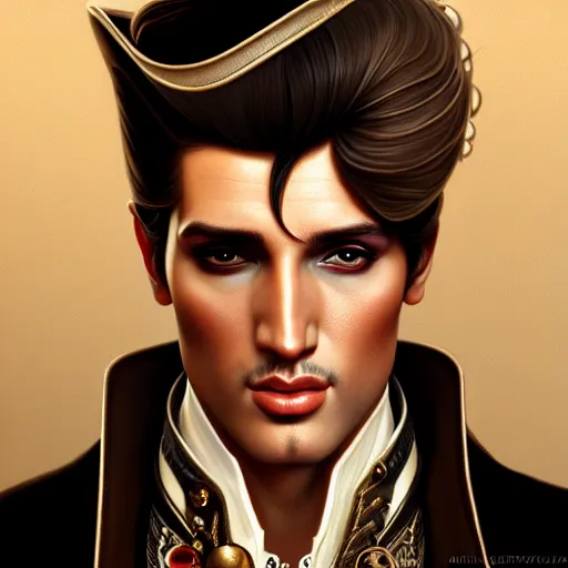 Image similar to a cinematic portrait scene male steampunk elvis presley, intricate, elegant, highly detailed, digital painting, artstation, concept art, smooth, sharp focus, illustration, art by artgerm and greg rutkowski and alphonse mucha