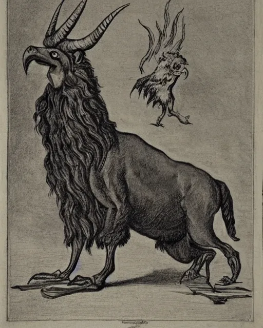 Image similar to a creature with the body and eyes of a man, with the beak of an eagle, the mane of a lion, and the horns of an ox. drawn by francis bacon