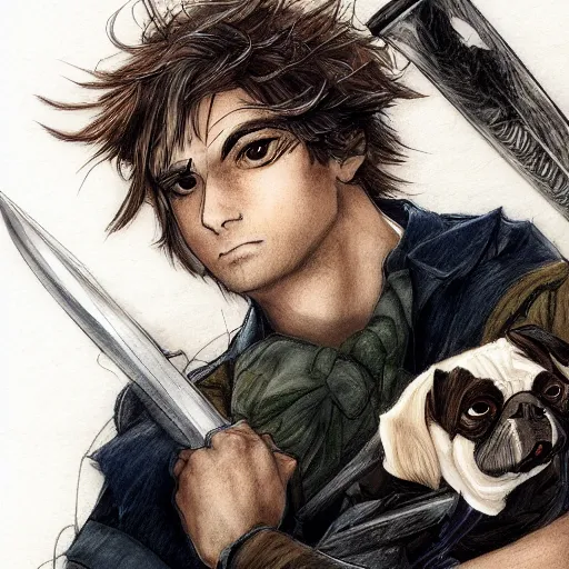 Image similar to self portrait, young white hispanic handsome man with short light brown hair and light skin and a 5 o clock shadow and holding a pug while fighting against 2 swordsmen pencil art, warzon, battlefield, added detail, high definiton, colored, backfacing, illustrated by yoji shinkawa