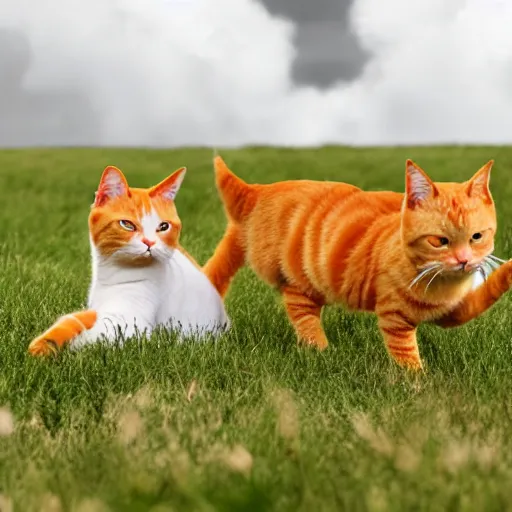 Image similar to two orange tabby cats frolicking in a field of clouds