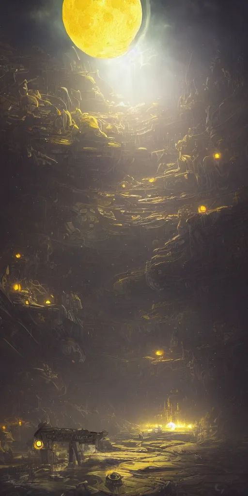 Image similar to Detailed exterior of the enemy moon base, yellow swirling dust planet, stunning atmosphere, in Style of Peter Mohrbacher, cinematic lighting