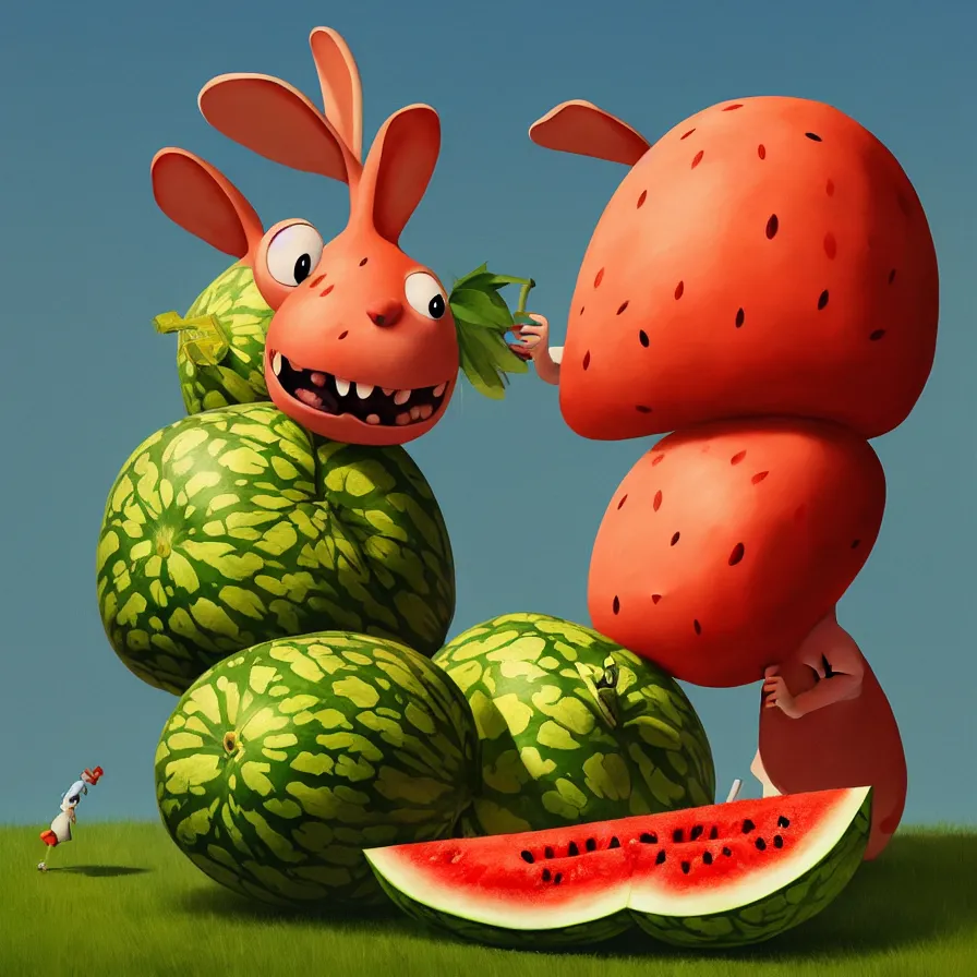 Image similar to Goro Fujita illustrating a rabbit eating a giant watermelon, art by Goro Fujita, sharp focus, highly detailed, ArtStation