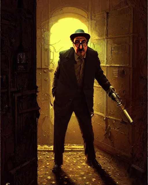 Image similar to peter sellers as inspector clouseau sneaking at night, pulp character portrait, ultra realistic, concept art, intricate details, highly detailed by greg rutkowski, gaston bussiere, craig mullins, simon bisley