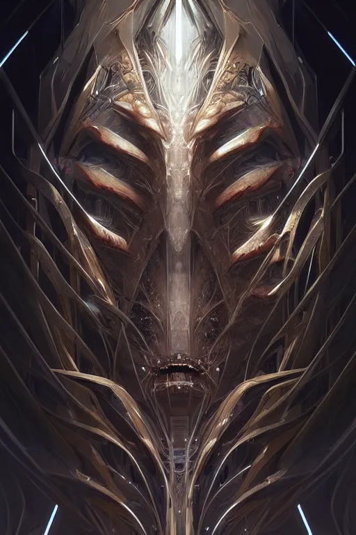 Image similar to professional concept art symmetrical portrait of a horrendous mechanical predatory fractal! species in a dark room by artgerm and greg rutkowski. an intricate, elegant, highly detailed digital painting, concept art, smooth, sharp focus, illustration, in the style of cam sykes.