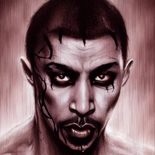 Image similar to 2 pac as a vampire, darkwave, darksynth, concept headshot art, sharp, digital matte painting, art by luis royo, greg rutkowski, wlop, dramatic lighting, trending on artstation