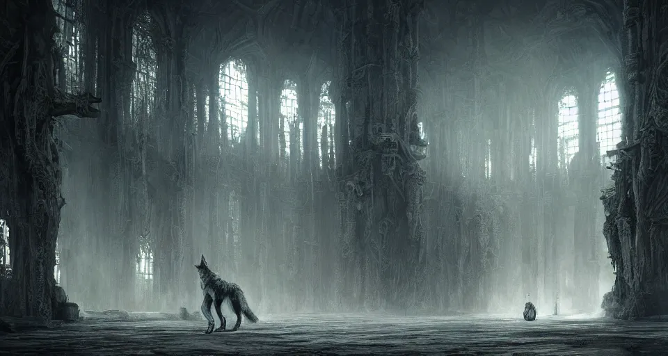 Image similar to king of the wolves - fantasy, inside the king's hall wolves and their treasures, ethereal, ominous, misty, 8 k, by h. r. giger and greg rutkowski, the last guardian by fumito ueda - elden ring