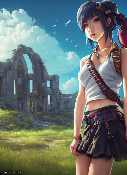 Image similar to beautiful portrait of yuffie from final fantasy dahyun from twice the painterly style of wlop, artgerm, yasutomo oka, yuumei, rendered in octane render, surrounded by epic detailed ruins landscape by simon stalenhag, dynamic soft dramatic lighting, imagine fx, artstation, cgsociety, by bandai namco artist,