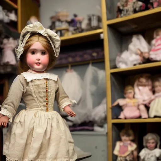 Prompt: human child standing in a victorian doll maker's shop looking at all of the dolls, 8 k, soft lighting, highly detailed realistic, face in focus