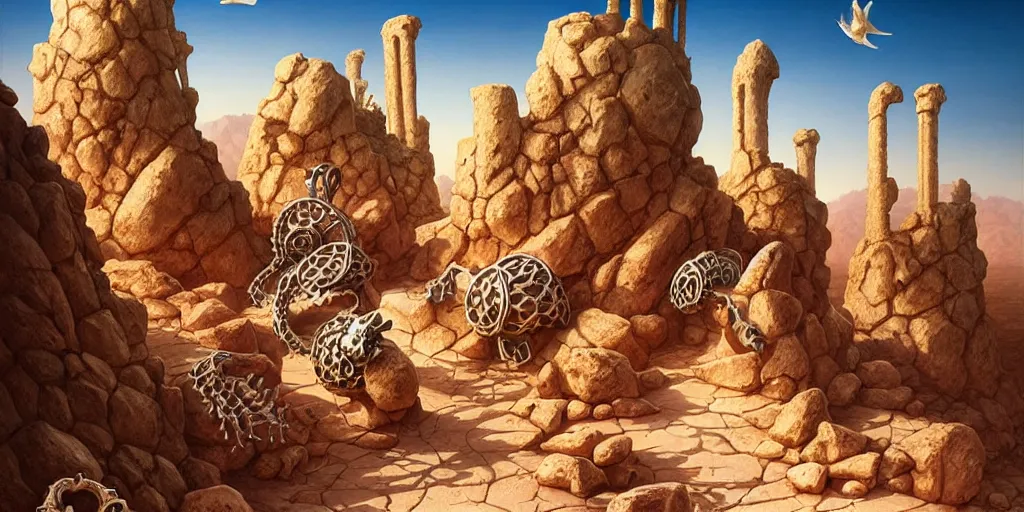 Prompt: a fantasy desert landscape, ruins, bones, rocks, arid ecosystem, digital illustration by michael whelan and leyendecker and artgerm, intricate details, surreal, photorealistic, award winning