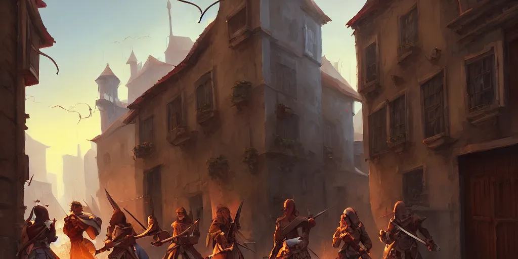 Image similar to an exciting fantasy street battle within a fascinating old city, soldiers fighting, narrow streets, old buildings, by Sylvain Sarrailh, cinematic, simple but effective composition, clean lines, beautiful digital painting, oil painting, detailed, dungeons and dragons, lord of the rings