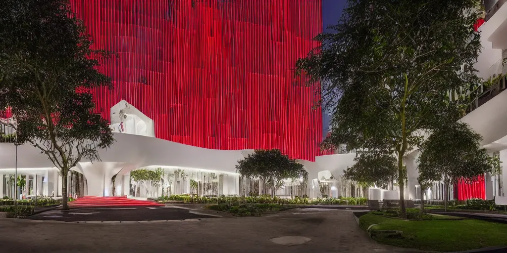 Prompt: extremely beautiful architecture photo of a luxury hotel complex in lagos nigeria in the style of rem koolhaas and virgil abloh with red black and white accents, green plants, zaha hadid, postmodern, clean, the structure is angular and geometric, beautiful, award winning architecture, extremely beautiful lighting, cinematic composition, modern, render, architectural, architecture, realistic, clear