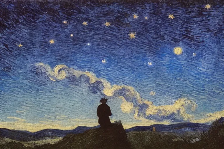 Prompt: a person looking at the night sky with clouds and stars, colorful, beautiful, national geographic, ultradetailed, 4k, astrophotography, cinematic lighting, oil painting, canvas, Theodor Kittelsen, Vincent van Gogh