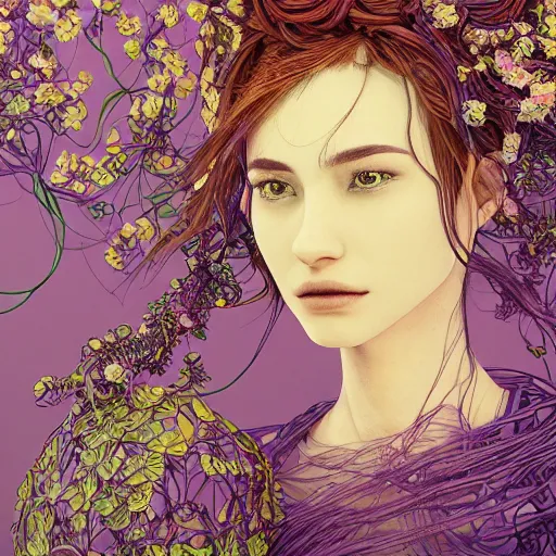 Image similar to the portrait of an incredibly beautiful woman made of potatoes roots and violets, an ultrafine detailed illustration by james jean, final fantasy, intricate linework, bright colors, behance contest winner, vanitas, angular, altermodern, unreal engine 5 highly rendered, global illumination, radiant light, detailed and intricate environment