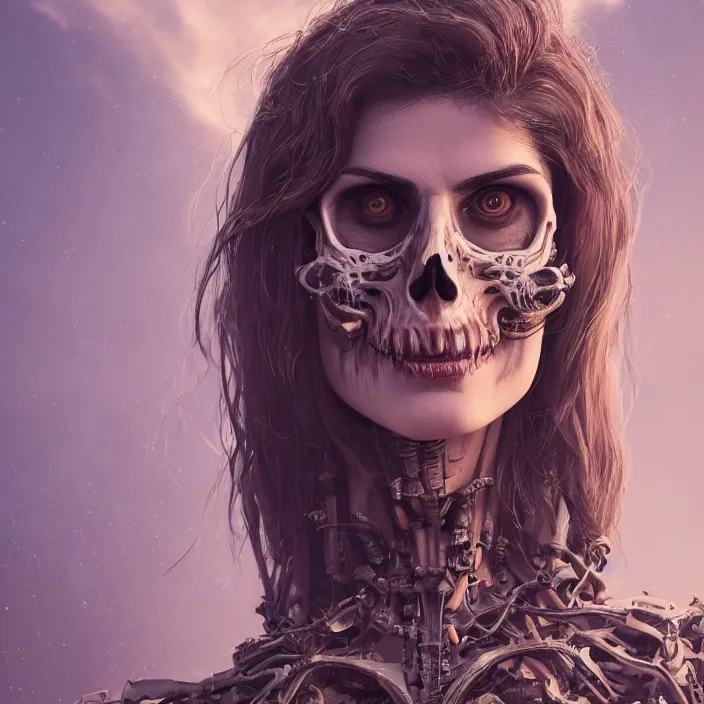 Image similar to portrait of skeleton as Alexandra Daddario. intricate abstract. intricate artwork. by Tooth Wu, wlop, beeple, dan mumford. octane render, trending on artstation, greg rutkowski very coherent symmetrical artwork. cinematic, hyper realism, high detail, octane render, 8k, iridescent accents