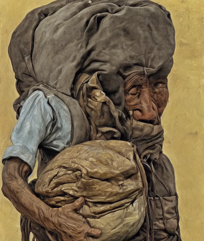 Image similar to indigenous man carrying a lot of bags, painted by lucian freud, hd, super detailed, realistic, muted colors