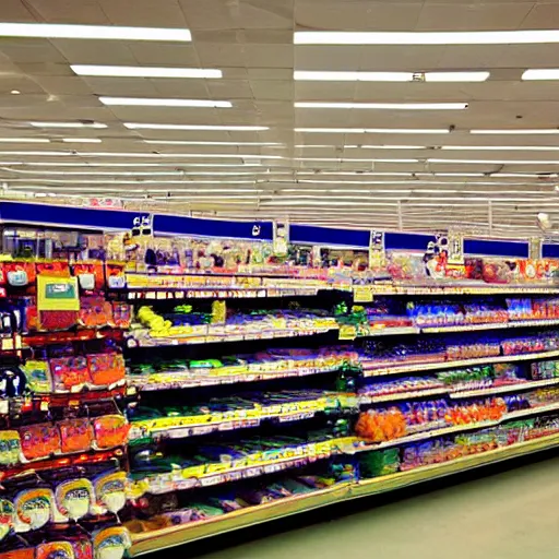 Prompt: supermarket aisles, fisheye lens, color, fluorescent lighting,