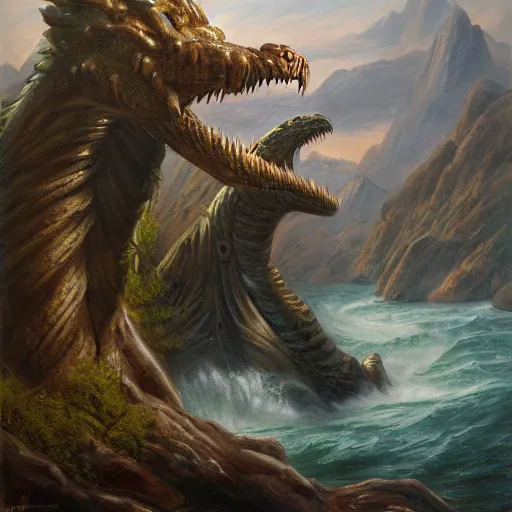 Image similar to a painting of a mythical hydra by james gurney, 8k unreal engine