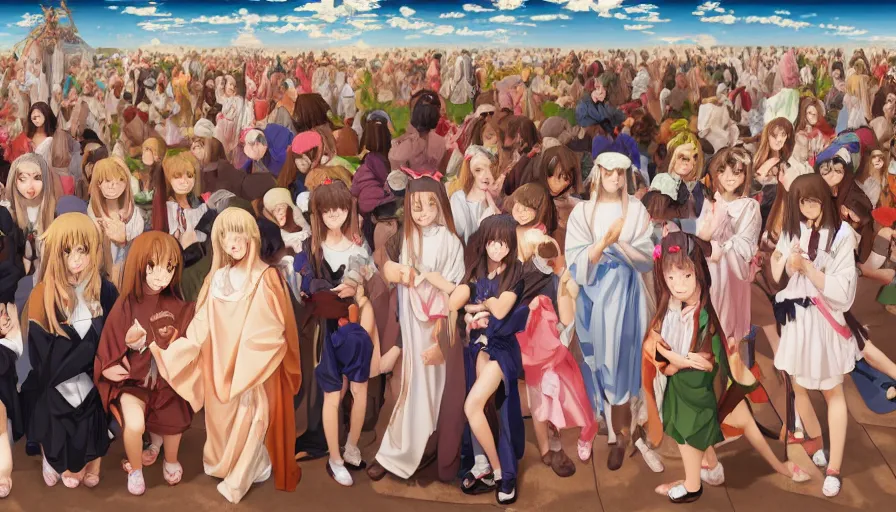 Image similar to jesus christ surrounded by cute anime girls, photorealistic, anime, mini skirt, neko, cat ears, renaissance painting, hyper real, detailed, wide angle shot, ultra detailed