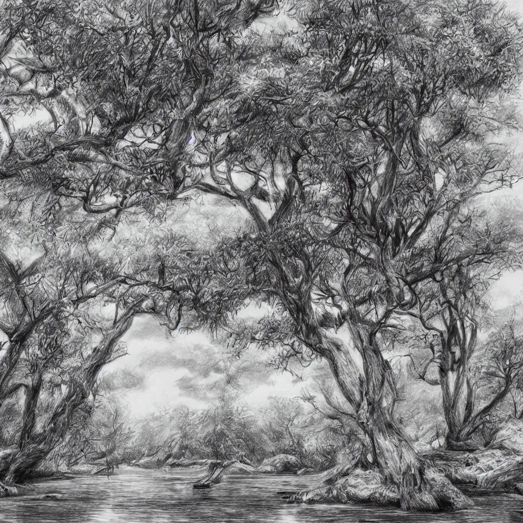 Prompt: realistic drawing of beautiful landscape, hyperdetailed, animals, trees, river