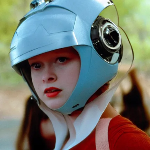 Image similar to Thora Birch wearing an ant helmet
