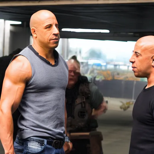 Prompt: a high quality photograph of vin diesel meeting Mark Sinclair