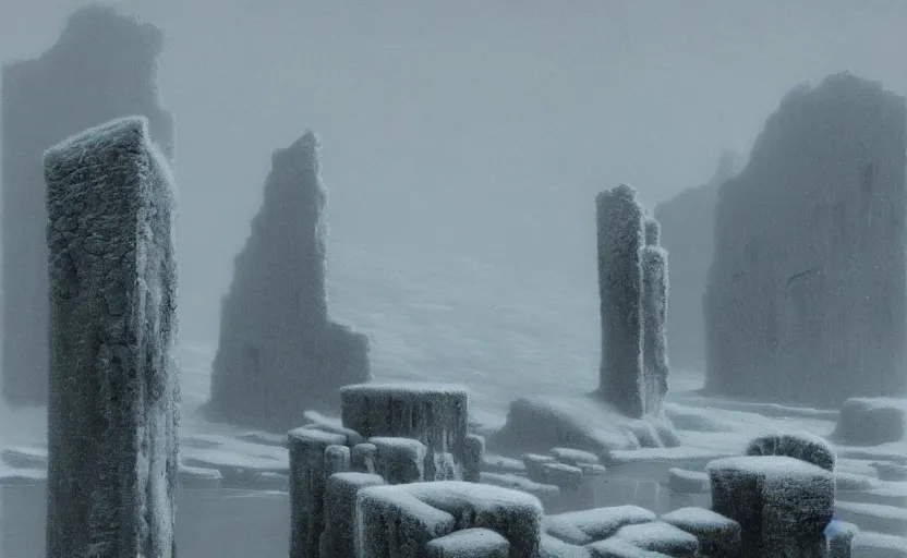 Prompt: phendrana drifts by zdzisław beksinski, icy landscape, snow, metroid, stone pillars, ruins, frozen lake