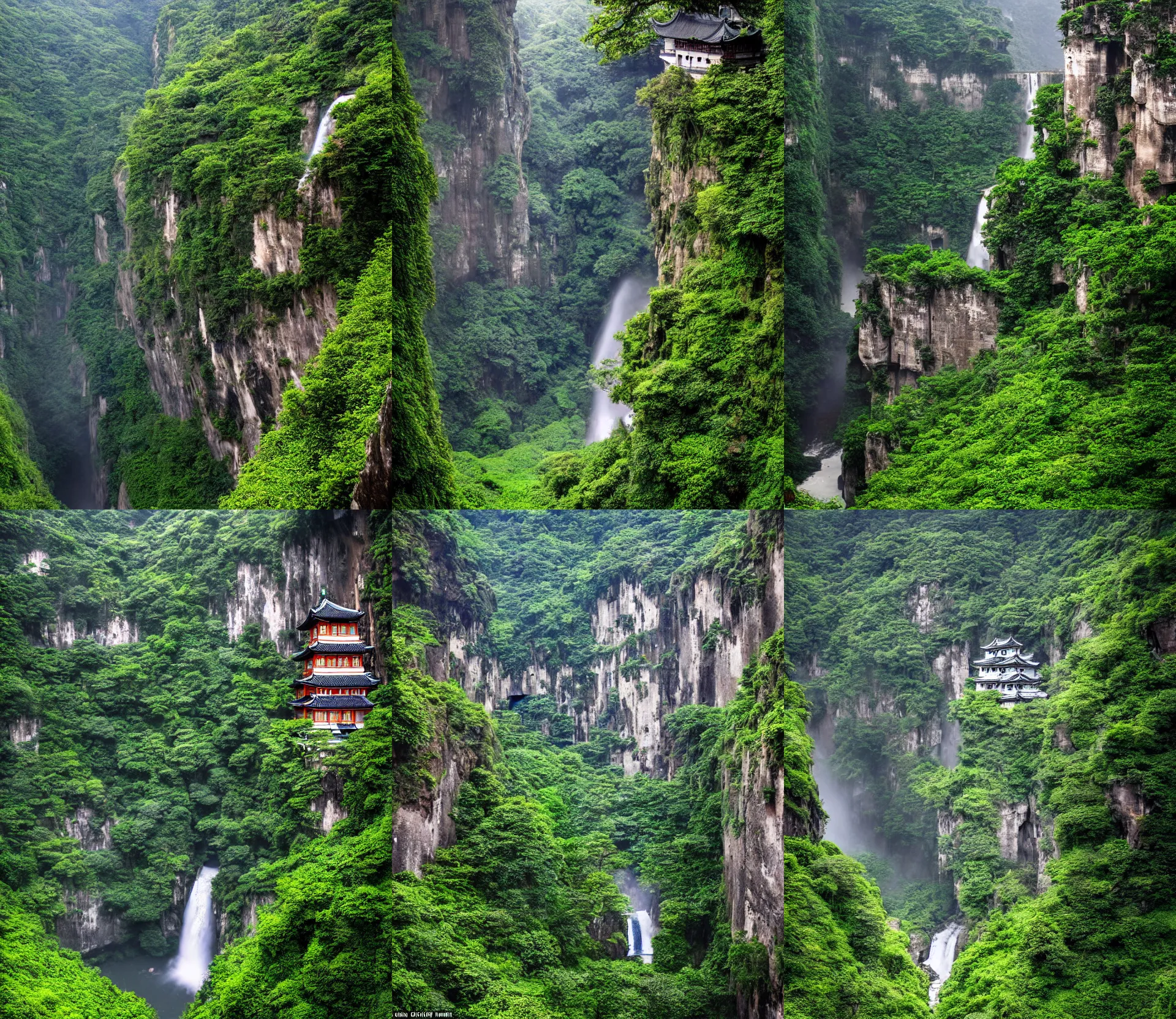 Prompt: wide establishing shot inside han son doong with waterfalls on either side of the cliff walls, a cloister is built into the cliff walls, at the top of the cliff is a japanese castle, at the bottom of the cliff is a meadow