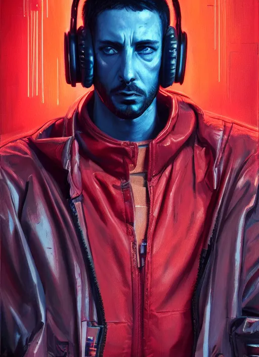 Image similar to cyberpunk character wearing jumpsuit and red jacket and cyberpunk headset. ( blade runner 2 0 4 9, dystopian, cyberpunk 2 0 7 7 character design ). attractive face. portrait by james gurney and laurie greasley, oil on canvas. cinematic, hyper realism, realistic proportions, full view, dramatic lighting, high detail 4 k