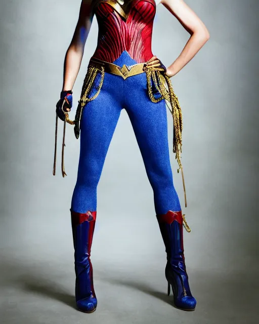 Image similar to a Chimpanzee, dressed as Wonder Woman, is wearing tight fit blue Jean pants, photographed in the style of Mario Testino, Standing in front of photorealistic