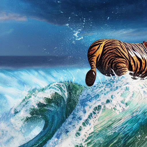 Image similar to a closeup photorealistic photograph of a smiling knitted tiger hippopotamus riding a large wave during sunset. surf in the background. professional capture. brightly lit scene. this 4 k hd image is trending on artstation, featured on behance, well - rendered, extra crisp, features intricate detail, epic composition and the style of unreal engine.