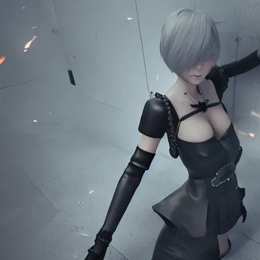 Image similar to 2B nier automata getting shot, 4k, unreal engine render, trending in artstation, artstationHD, artstationHQ