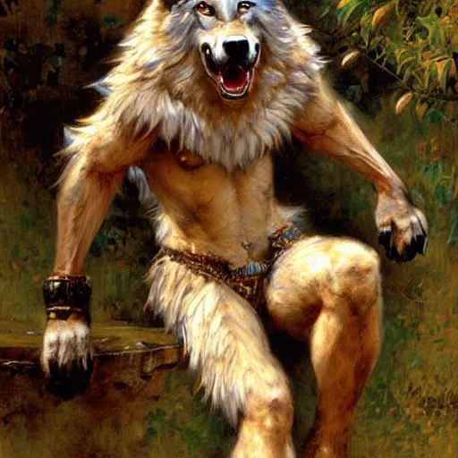 Image similar to a portrait of a furry wolf wearing a tshirt and pants, hairy, furry body, furry chest, furry arms, furry legs, tail. highly detailed painting by gaston bussiere, craig mullins, j. c. leyendecker, furry