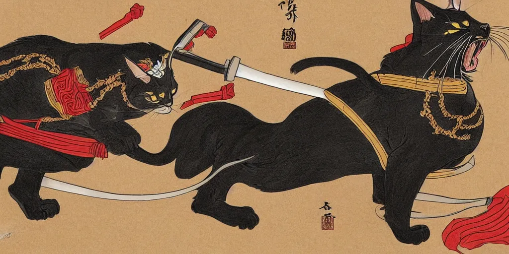 Prompt: an anamorphic black cat dressed as a samurai. rising sun, highly detailed illustration.