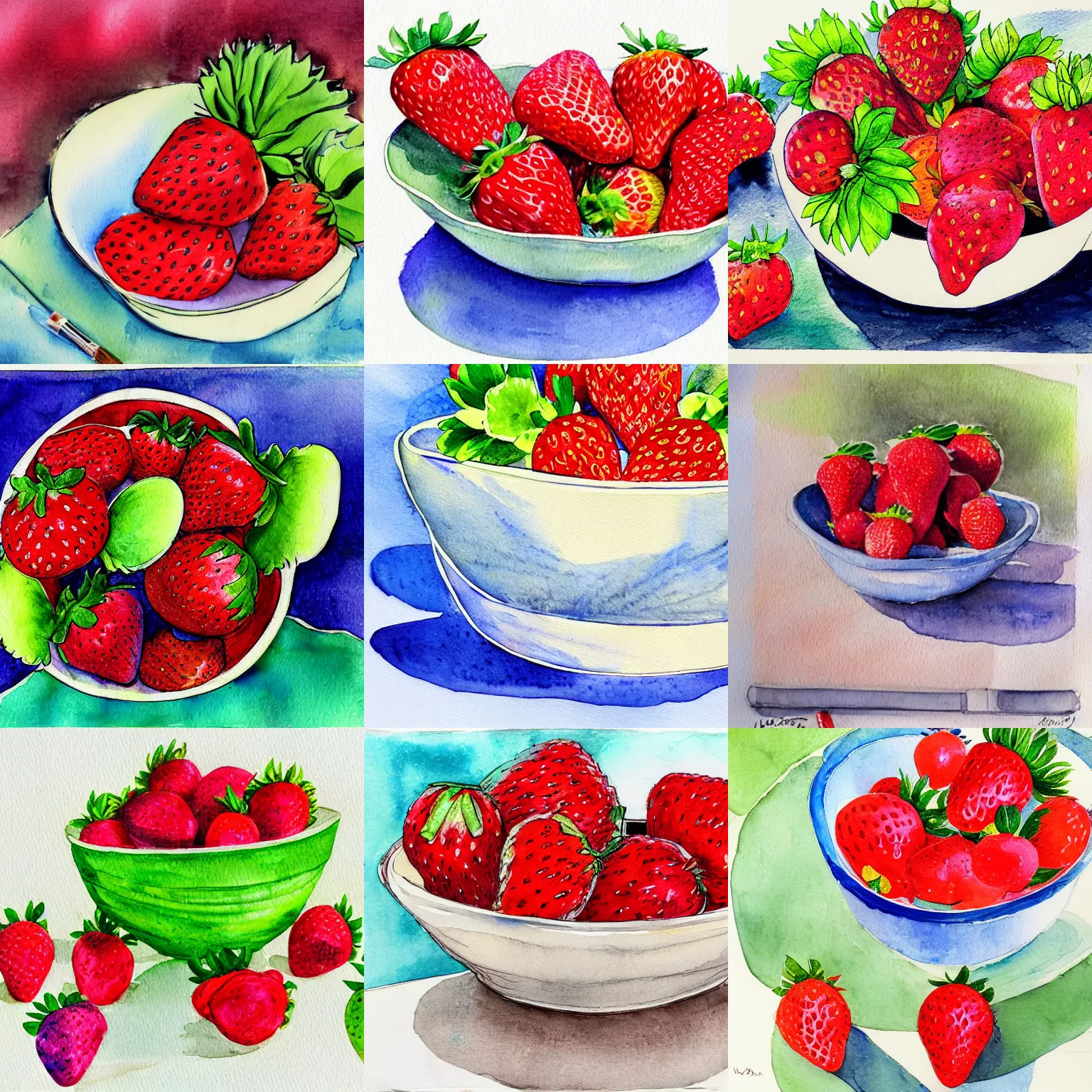 Prompt: a bowl of strawberries, bright, lush, still life, watercolor and pen