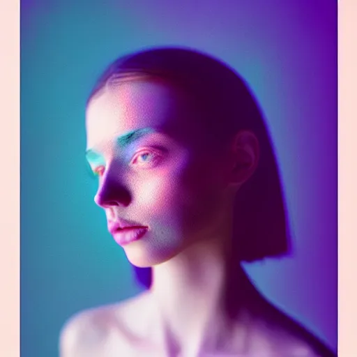 Prompt: A vibrant studio portrait photograph of a beautiful confused millennial woman by Alessio Albi and Nina Masic, trending on instagram, soft focus, vertical portrait, natural lighting, double exposure, f1.8, 50mm, micro details, portra, classic chrome, film grain, light cyan, lavender blush, cinematic lighting