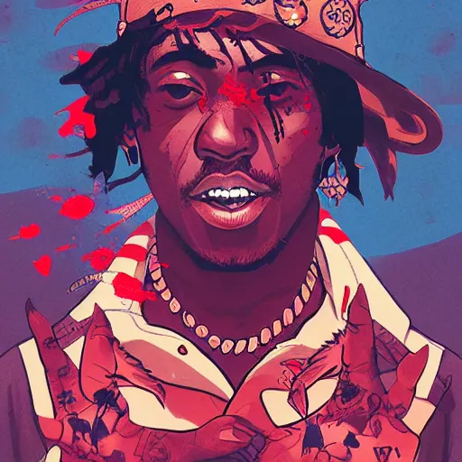 Image similar to Playboi Carti and Lil Uzi Vert, Ninja Scrolls, Geometric 3d shapes, Gang, Pistol, Blood, red smoke, by Sachin Teng, Trending on artstation