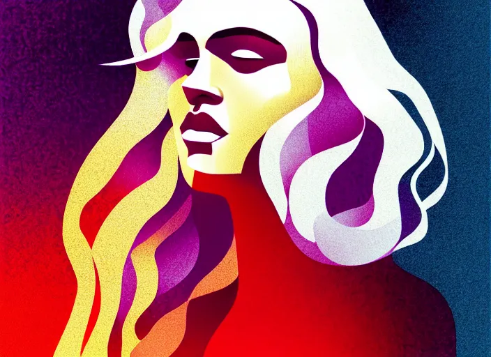 Image similar to editorial illustration by Mads Berg andKarolis Strautniekas ,portrait of a young girl flowing white hair, colorful,modern art deco,, stippled light, fine texture, editorial illustration, dramatic lighting, dynamic composition, detailed, matte print, dynamic perspective, cinematic, film noir