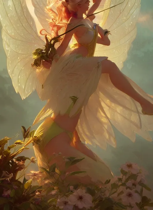 Image similar to tinker bell, d & d, fantasy, intricate, elegant, highly detailed, digital painting, artstation, concept art, matte, sharp focus, illustration, hearthstone, art by artgerm and greg rutkowski and alphonse mucha