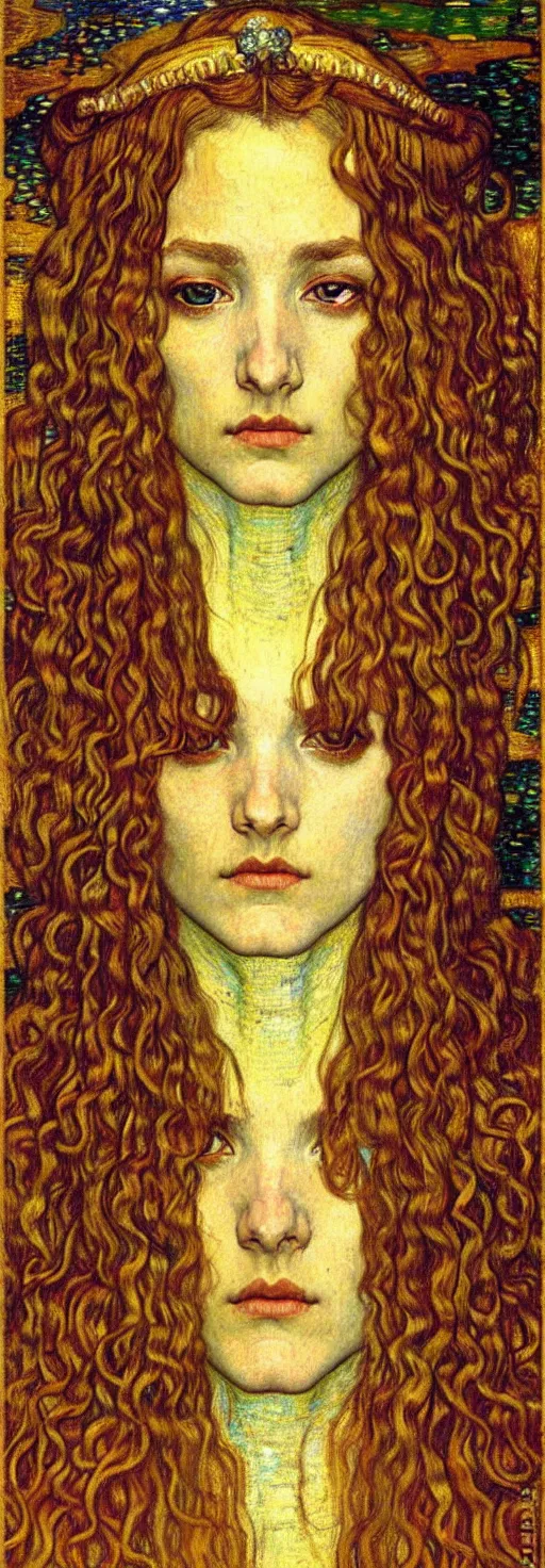 Image similar to detailed realistic beautiful young medieval queen face portrait by jean delville, gustav klimt and vincent van gogh, art nouveau, symbolist, visionary, gothic, pre - raphaelite, muted earthy colors, desaturated