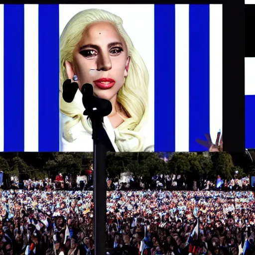 Image similar to Lady Gaga as president, Argentina presidential rally, Argentine flags behind, bokeh, giving a speech, detailed face, Argentina